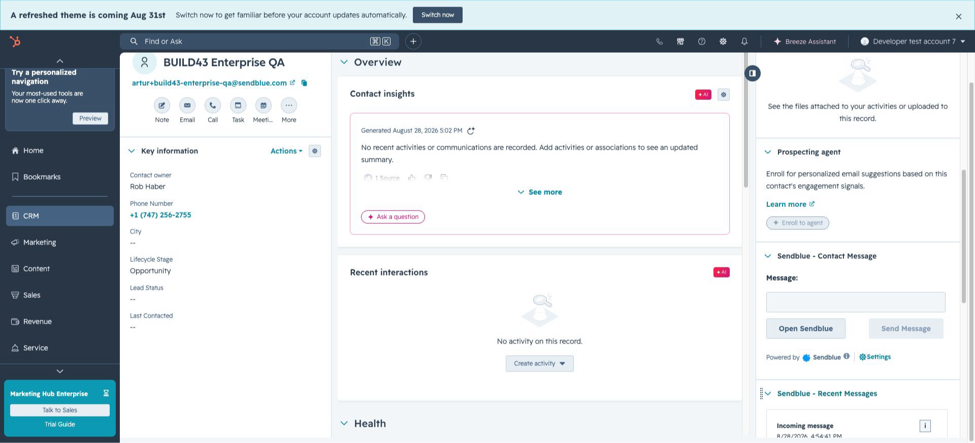 Sendblue Contact Message and Recent Messages cards on a HubSpot contact record