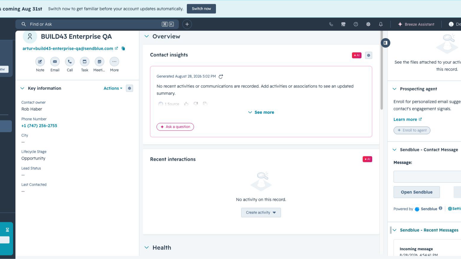Sendblue Contact Message and Recent Messages cards on a HubSpot contact record