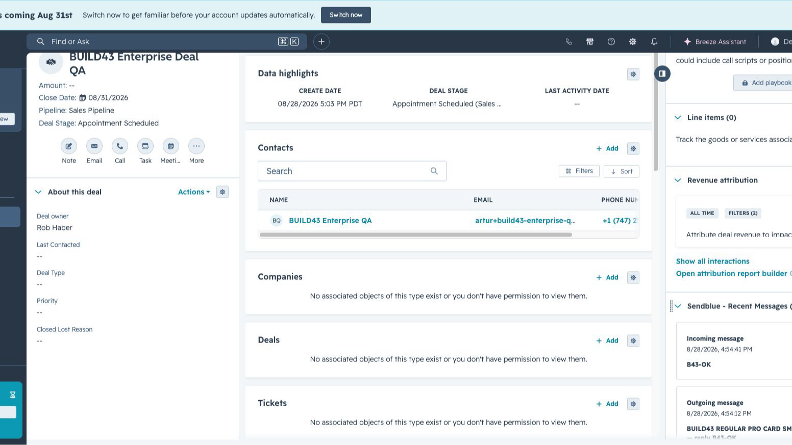 Sendblue Recent Messages card on a HubSpot deal with an associated contact