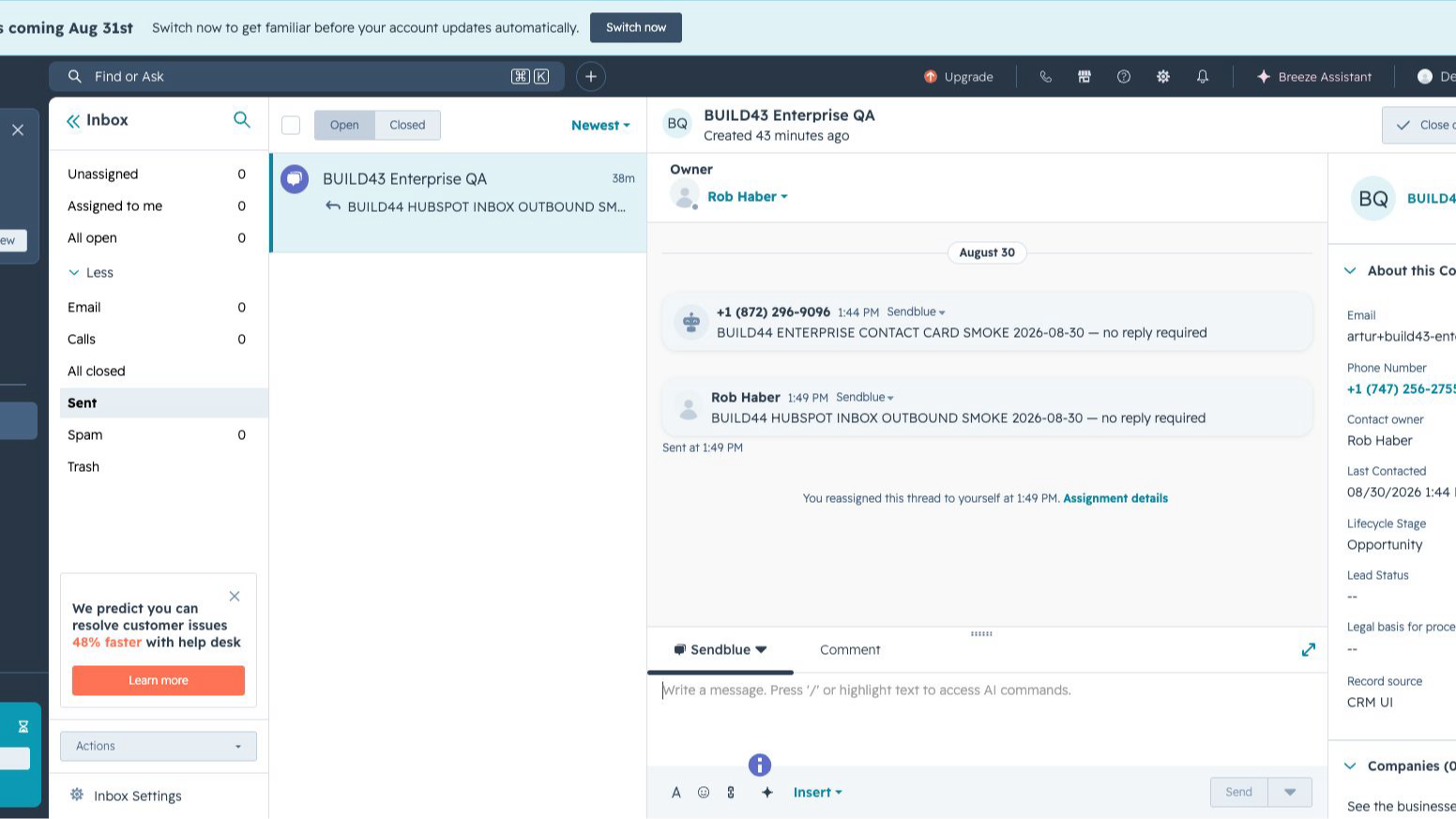 Sendblue conversation synchronized in the HubSpot Inbox