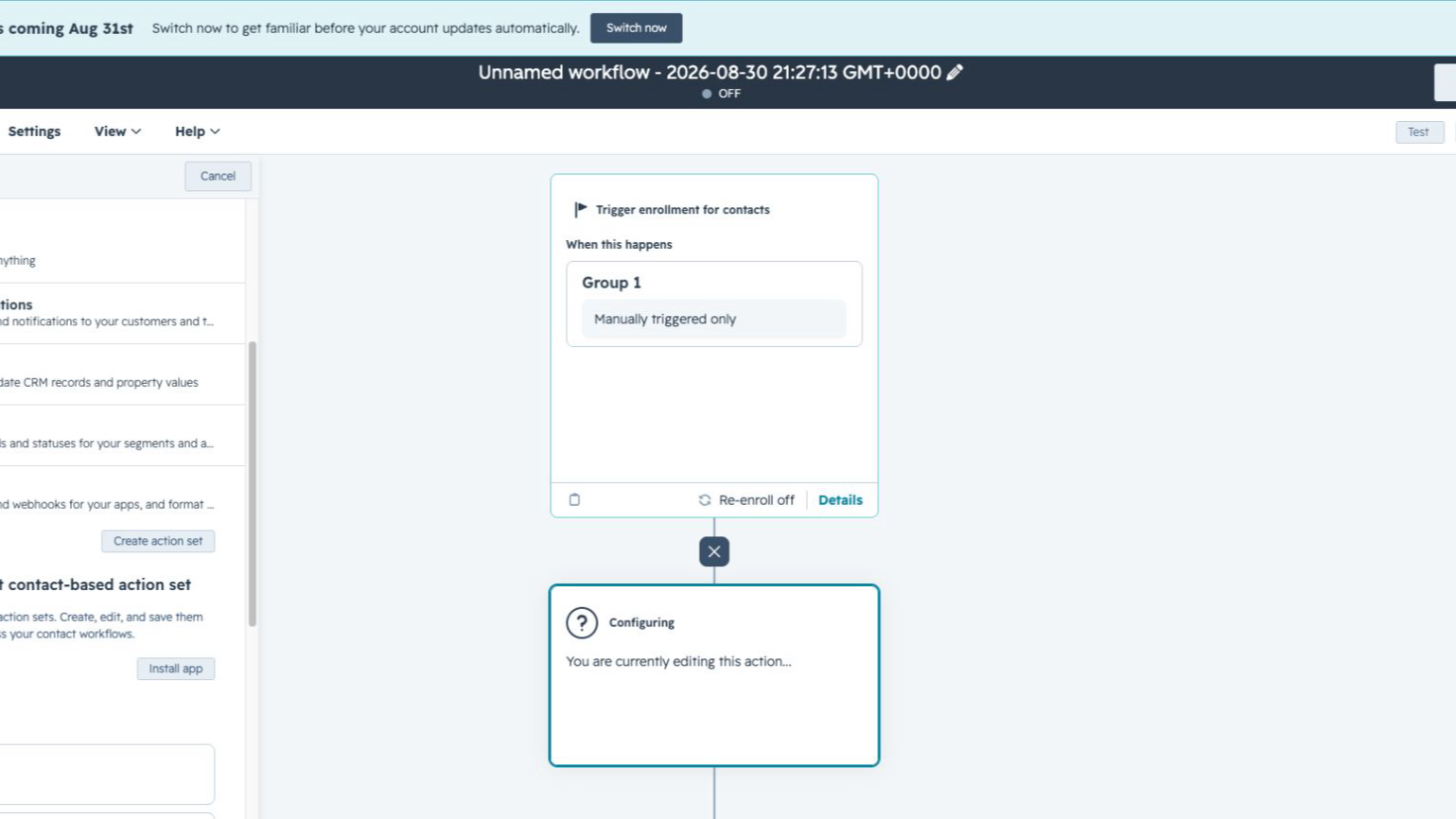 Sendblue workflow actions available in the HubSpot workflow editor